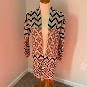 debut Open-Front Chevron & Mosaic Knit Cardigan in Cream, Black & Multicolor